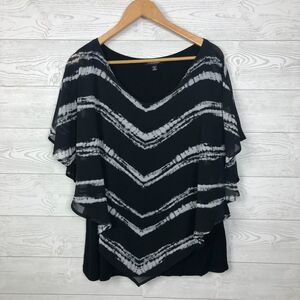 Roz & Ali Women's Layered V Neck Blouse Dolman Sleeve Black White Shirt Size 1X